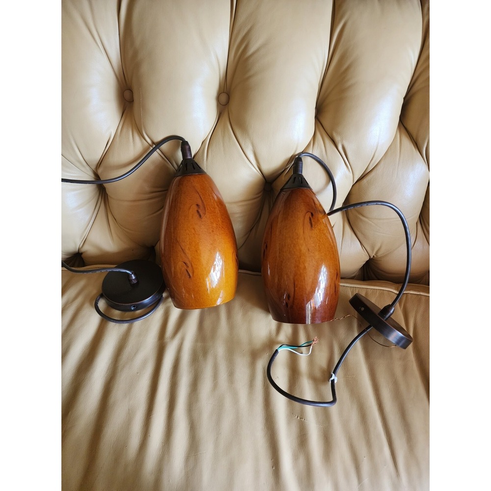 Set of 2  Amber Heavy Blown Glass Hanging  Light Retro Mod Lamp 12"